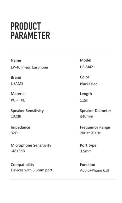 USAMS Headphones Earphone EP-40 In Ear 1.2M 3.5MM Huawei , Samsung , iPhone - Image 11